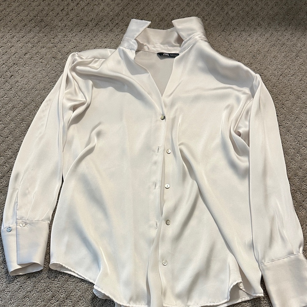 Zara Cream Satin Button-Up Blouse